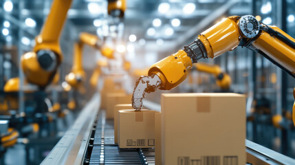 Automated robotic arms are efficiently organizing and moving packages in modern warehouse setting, showcasing advanced technology and precision in logistics