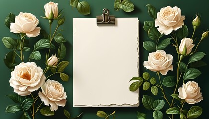 Wall Mural - Floral Greeting Card Design Featuring Elegant Roses and Lush Green Background for Notebooks and Planners