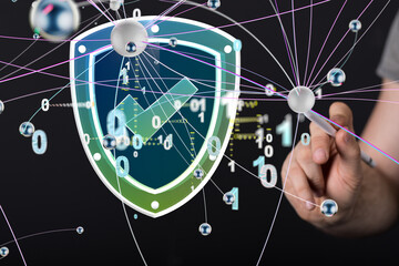 Fototapete - Information technology protected with firewall, secure access and encryption against cyber