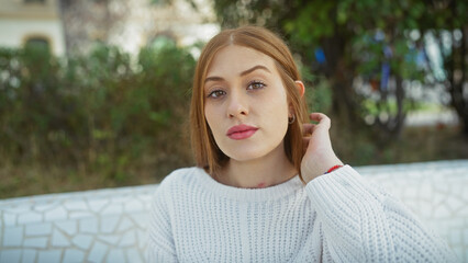 Wall Mural - Portrait of a beautiful young caucasian woman with red hair outdoors in a green park setting, looking serene