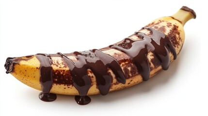 A ripe banana topped with melted chocolate, against a plain white background.