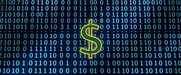 A large dollar sign in the center surrounded by a digital matrix of binary code, symbolizing the digital transformation of the economy.