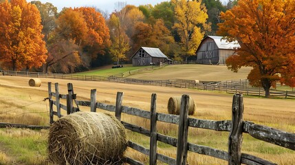 A picturesque farm with a wooden fence, bales of hay, and a barn in the background, set against the backdrop of orange and golden trees