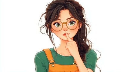 Wall Mural - A casual brunette girl in glasses dons orange overalls and a green tee, inspiring creativity as she thoughtfully gestures.