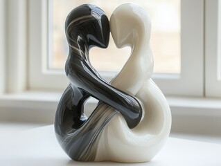 A beautiful sculpture representing love and unity, featuring two intertwined figures in contrasting black and white tones.