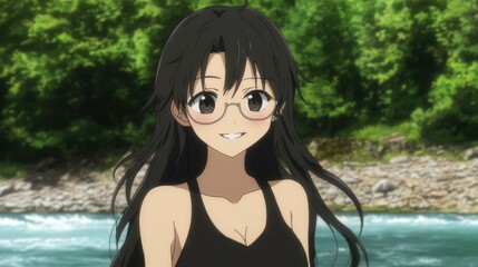 Wall Mural - A cheerful girl with dark hair and glasses stands by the river, dressed in a stylish black sleeveless outfit.