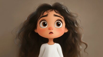 A charming cartoon girl with sparkling big eyes and long brown hair, dressed in a cute white top, radiating joy.