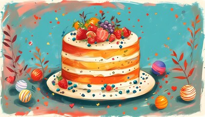 Wall Mural - Vibrant Birthday Celebration Illustration for Postcards, Albums, and Flyers Featuring Colorful Balls and a Delicious Cake