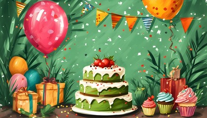 Poster - Vibrant birthday celebration illustration with balloons, cake, and cheerful design elements ideal for postcards, albums, notebooks, and flyers