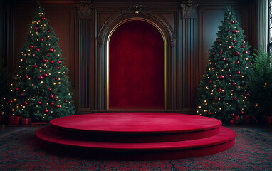 a podium decorated for christmas, designed for product display