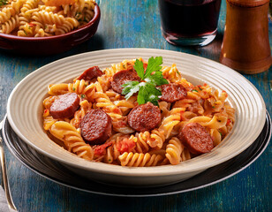 Wall Mural - Cajun Pasta with Andouille Sausage on a white large plate