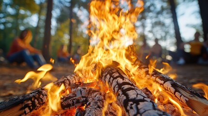 A glowing campfire surrounded by logs, with a blurred background of people in a forest setting, evoking warmth and outdoor gatherings.