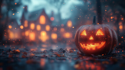 Jack o' lantern pumpkin and ghost with Halloween spooky village background.