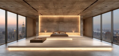 Poster - Modern bedroom interior with large windows and minimalist design, featuring warm lighting and concrete elements.