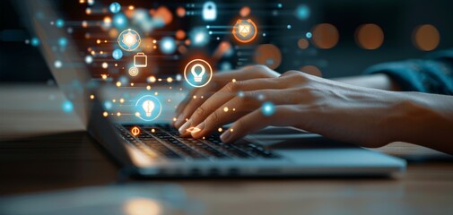 Poster - Hands typing on a laptop with floating digital icons representing technology and connectivity.