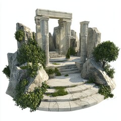 3D Render of a rock temple with a large stone statue at its entrance, on isolated white background