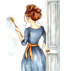 Canvas Print - Woman in blue dress holding wooden brush, watercolor illustration.