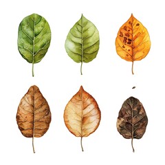 Canvas Print - Watercolor Set of Leaves in Different Stages of Decay.