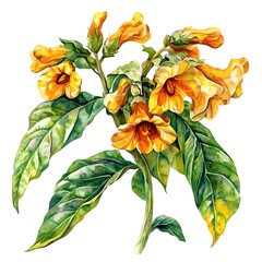 Canvas Print - Watercolor painting of a branch of yellow flowers with green leaves.