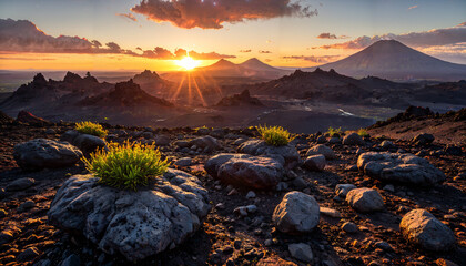 Poster - Lever du soleil sur un paysage volcanique