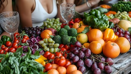 Wall Mural - Vibrant display of fresh fruits and vegetables on rustic table