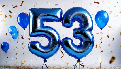 Wall Mural - Blue birthday / anniversary balloon, number 53, white background with confetti