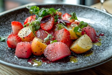 Wall Mural - Colorful salad with fresh strawberries and baby potatoes