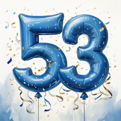 Wall Mural - Blue birthday / anniversary balloon, number 53, white background with confetti