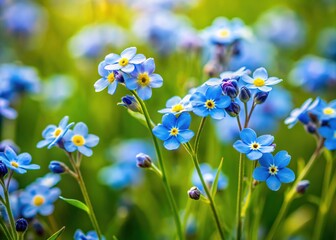 Delicate, petite blue blooms with yellow centers and slender stems sway gently in the breeze, scattered across a lush, vibrant green meadow on a sunny day.