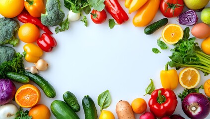 A vibrant and colorful frame of fresh vegetables and fruits on a white background.