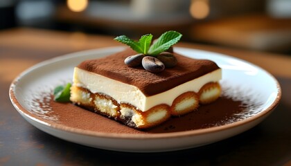 Wall Mural - Delicious tiramisu dessert topped with cocoa and fresh mint on a cozy cafe table, captured in stunning macro detail