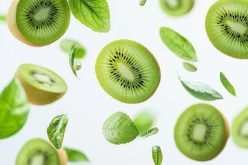 Floating kiwi slices and fresh mint leaves create a vibrant composition. This image showcases freshness and vitality in a minimalist style. Perfect for healthy living. Generative AI