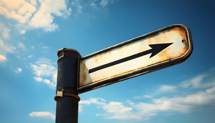 Vintage directional road signs with black metal arrows set against a clear blue sky in warm tones