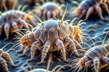 Upclose microscopic view of Demodex mites, tiny parasitic insects living in human eyelash follicles, causing inflammation and skin issues in affected areas.