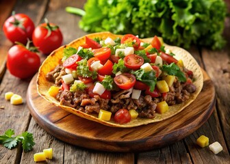 Vibrant, mouthwatering Mexican dish featuring crispy corn tortilla, seasoned ground beef, melted cheese, fresh lettuce, diced tomatoes, and creamy salsa on a wooden table.