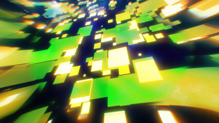 Poster - A dynamic glowing green and yellow squares in motion conveying a sense of speed and futuristic technology to data, digital innovation high-tech environments