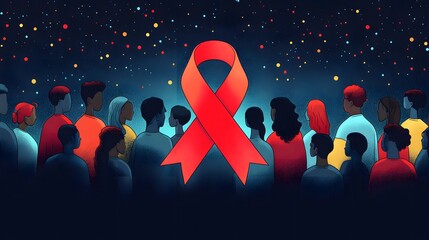 A bold red ribbon at the center of a World AIDS Day banner, surrounded by a diverse crowd, illustrated in a cartoon vector style that highlights togetherness and support.