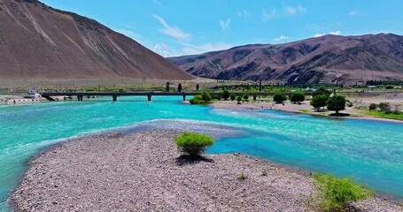 Poster - Aerial view of clear river on the edge of desert. Beautiful river with mountain natural landscape in Xinjiang, China.