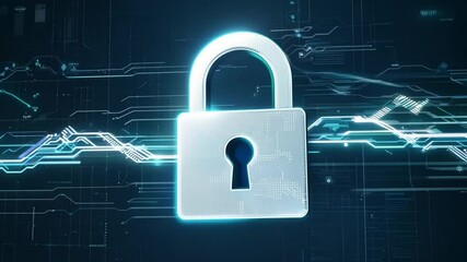 Poster - A metallic padlock appears prominently against a dark, high-tech backdrop filled with circuit patterns, representing cybersecurity and data protection measures in a digital landscape.