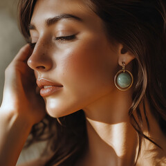 A woman wearing handmade earrings with natural stones, in ethnic style costume. Style of lifestyle photography, natural, elegant, personalized, and artisanal.