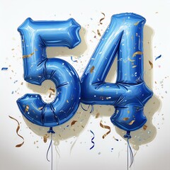 Wall Mural - Blue birthday / anniversary balloon, number 54, white background with confetti