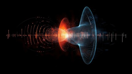 Poster - Visual representation illustrating wave-particle duality in quantum mechanics with energetic patterns and dynamic forms