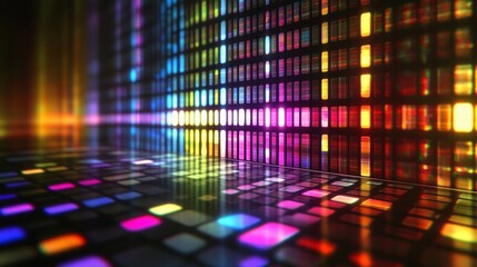 Poster - Visual representation of quantum dot technology showcasing vibrant color patterns and reflections in a dark environment