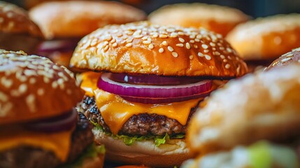 tasty hamburgers with beef meat or cheese and onion, Generative AI