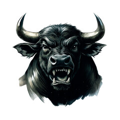 drawing of a buffalo head with a grin in a black shade, on a transparent background