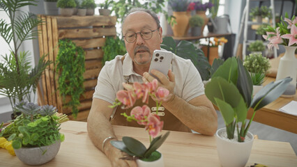 Bald man checking phone amidst lush greenery in a bright flower shop