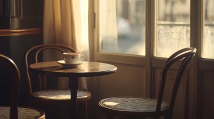 Wall Mural - A steaming cup of coffee sits on a table in a cafe, bathed in the warm glow of the morning sun streaming through the window.