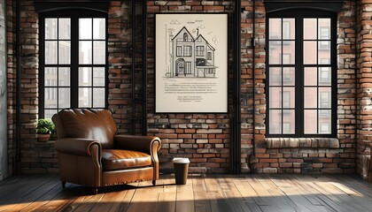 Urban loft ambiance featuring a vertical poster on a brick wall, black metal windows, a stylish leather armchair, and a coffee setup, blending art with modern living