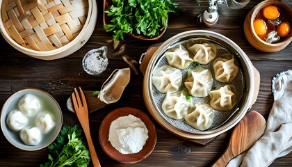 Vibrant array of dim sum dumplings in a steamer with fresh ingredients beautifully arranged from above