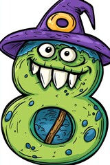 Canvas Print - Cartoon Monster Number Eight With Witch Hat